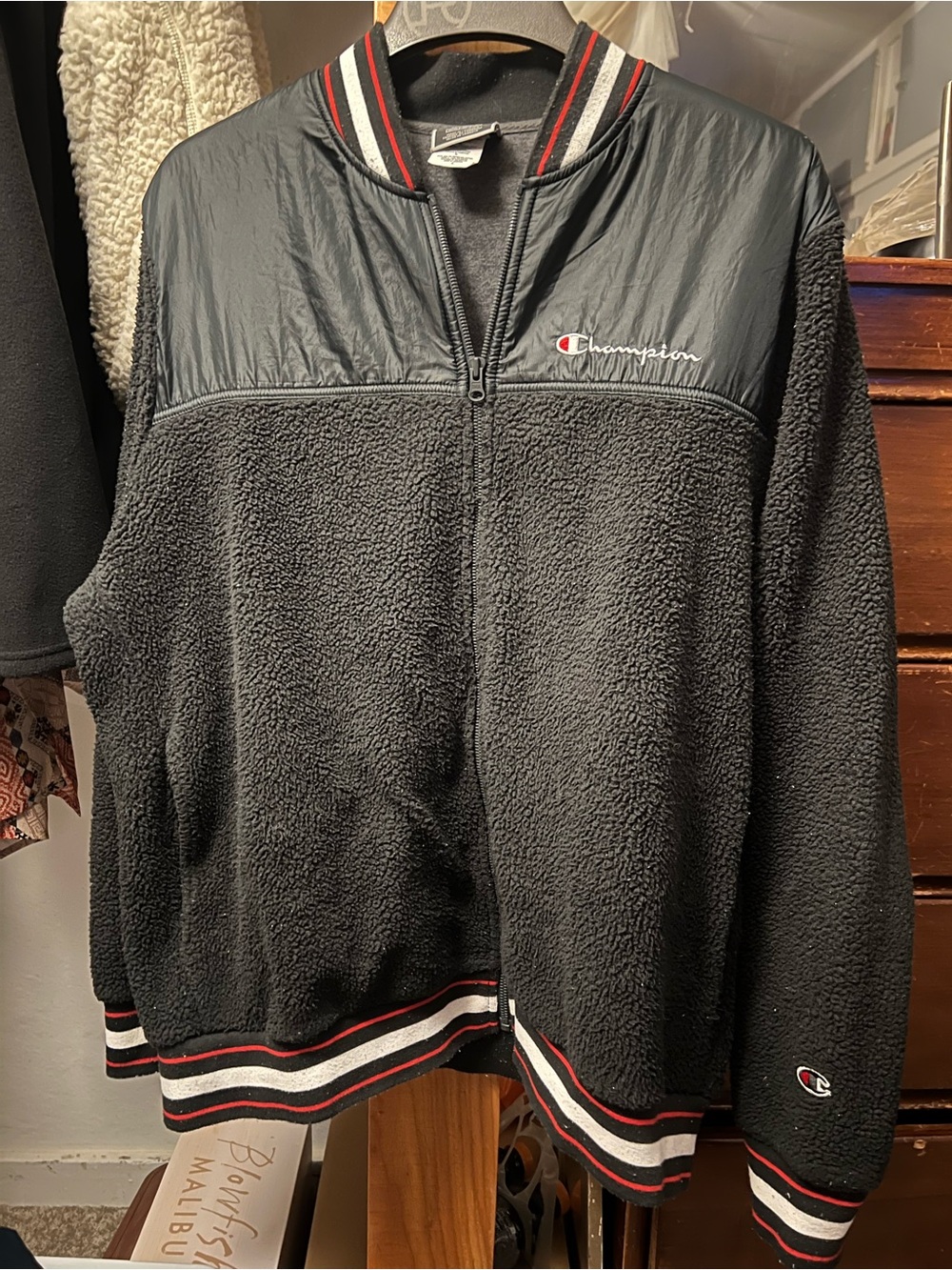 Champion Black Sherpa Bomber Jacket with Red & White Trim